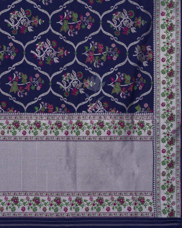 Midnight Navy Katan Banarasi Saree with Resham Floral Jaal and Silver Zari Border
