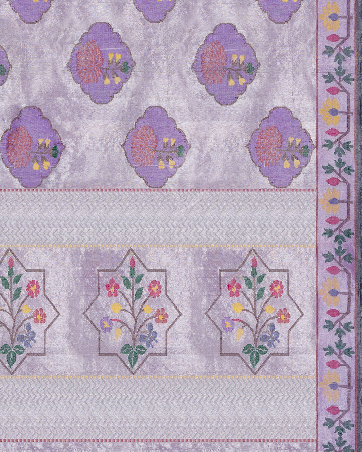 Pure Zari Kora Saree in Lilac with Resham Woven Floral Medallions