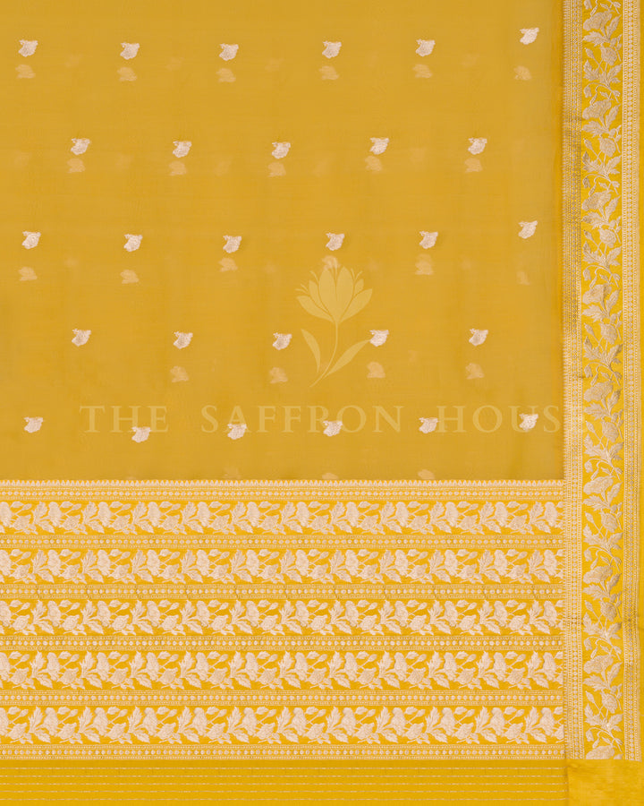 Marigold Yellow Kora Banarasi Saree with Silver Zari Floral Vines