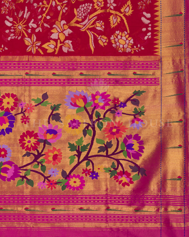 Crimson Uppada Jamdani Saree with Paithani Muniya Border and Floral Vine Pallu