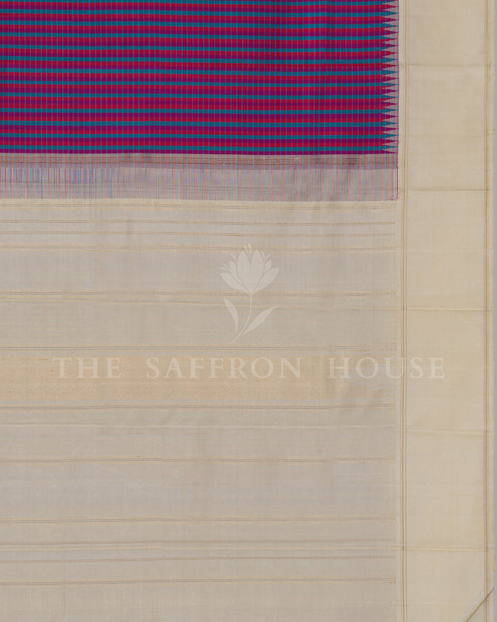 Handloom Kanjivaram Silk Saree in Dual Tone Teal Blue And Rani Pink and Off White - TSH250068