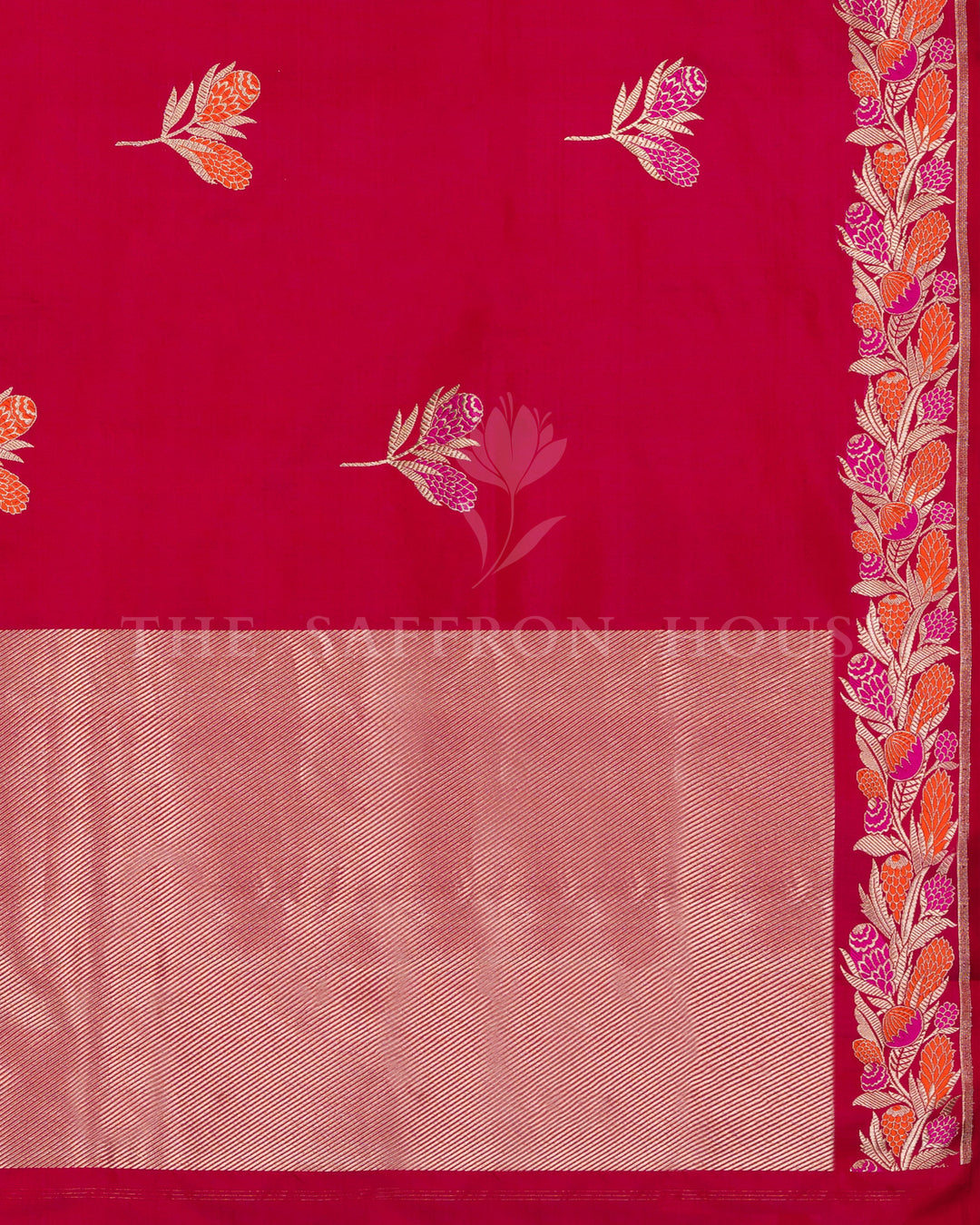 Ruby Red Velvet-Finish Mashru Banarasi Saree with Pashmina-Inspired Floral Border