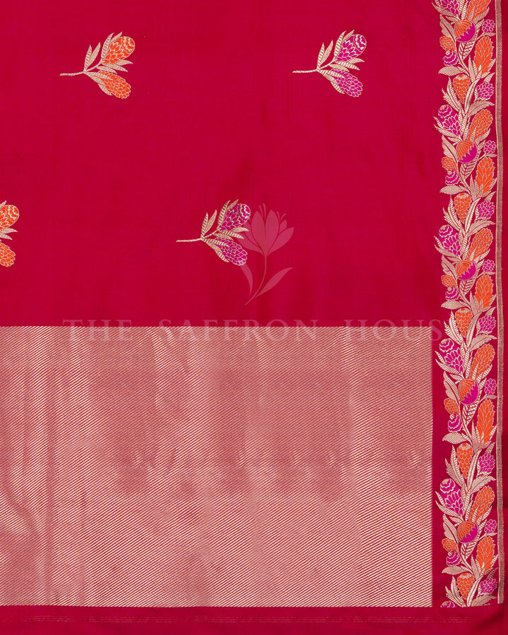 Ruby Red Velvet-Finish Mashru Banarasi Saree with Pashmina-Inspired Floral Border