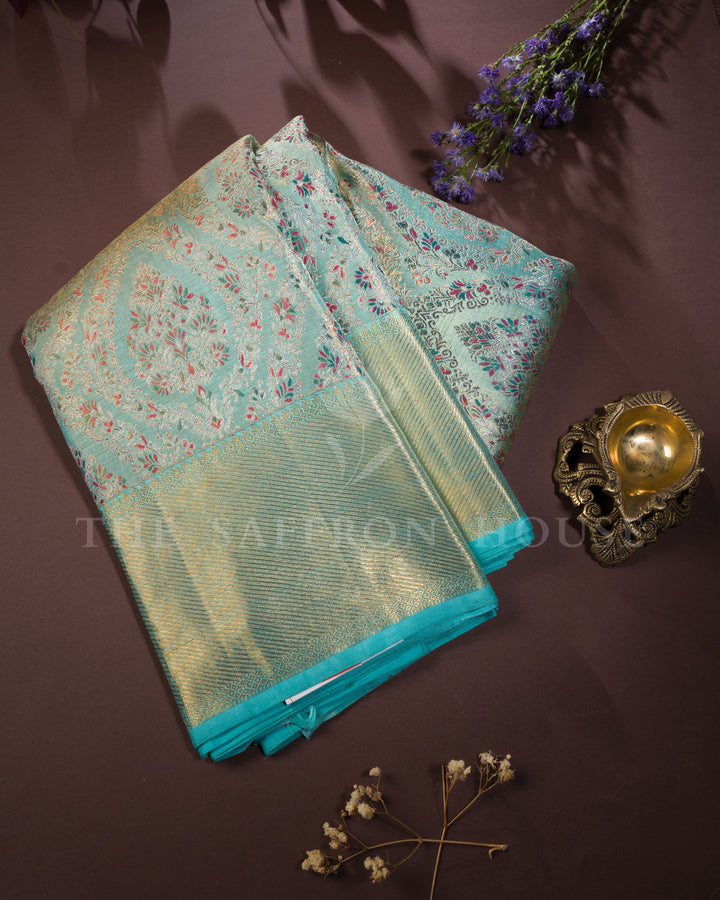 Sea Blue Green Handwoven Kanjivaram Silk with Meenakari Work - TSH250241