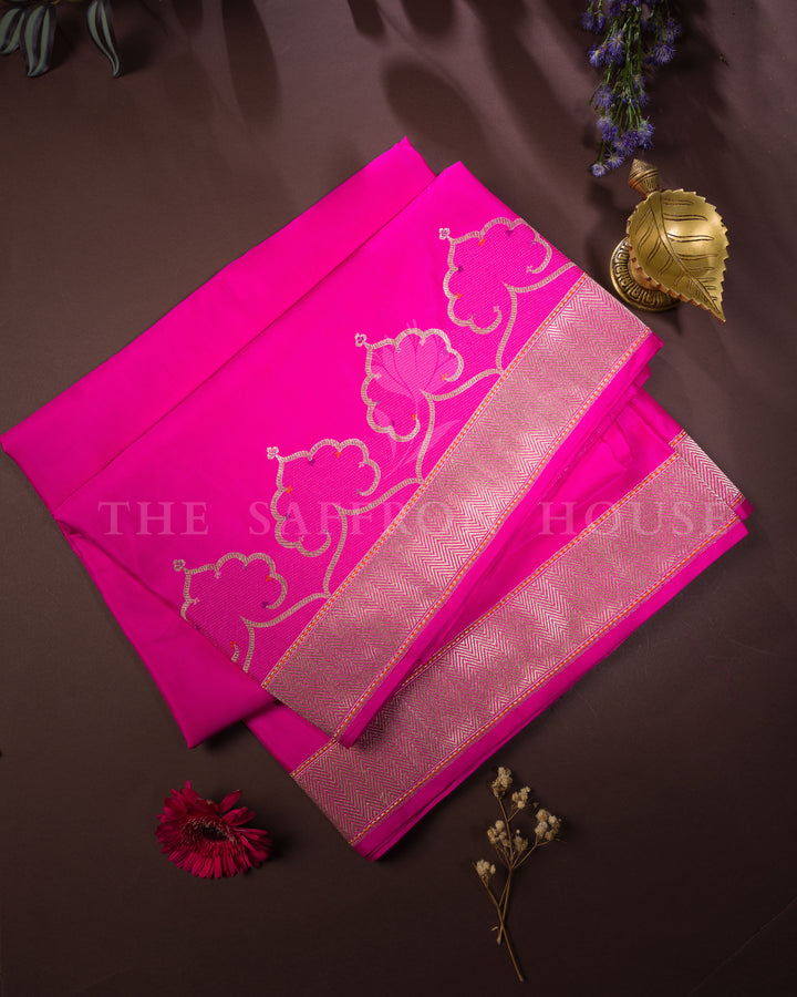 Elegant Fuchsia Mashru Banarasi Saree with Chevron Zari Borders