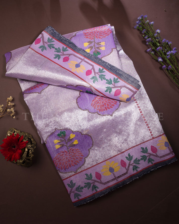 Pure Zari Kora Saree in Lilac with Resham Woven Floral Medallions