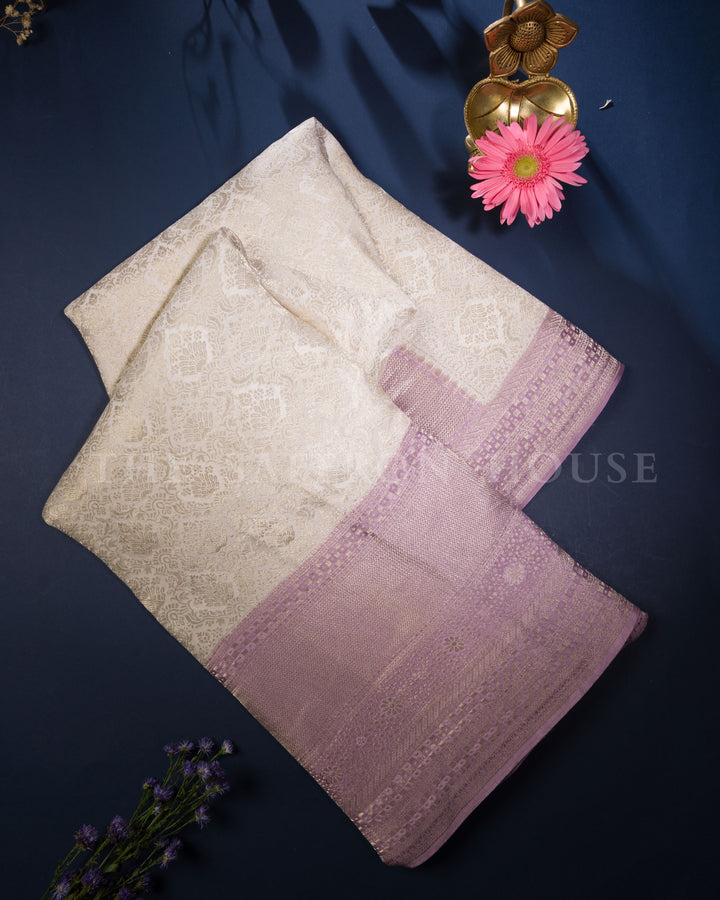 Banarasi Brocade Georgette Saree in Ivory and Lavender with Floral Jaal