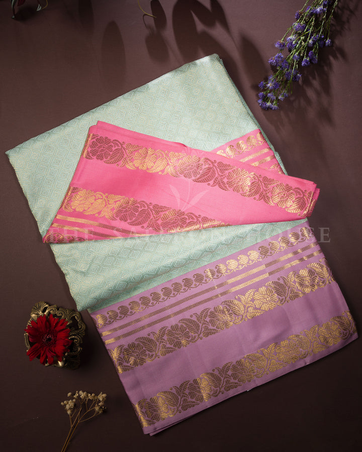 Pure Silk Kanchipuram Saree in Mint with Ganga Jamuna Pink & Lavender Border