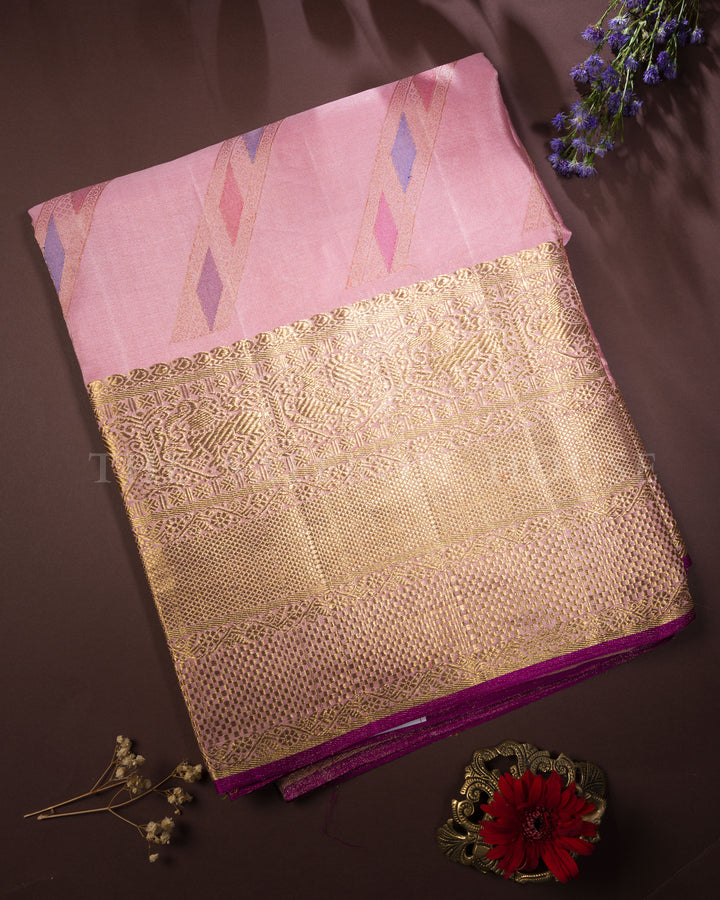 Blush Pink Tissue-Infused Kanchipuram Silk Saree with Mayil Motif Border