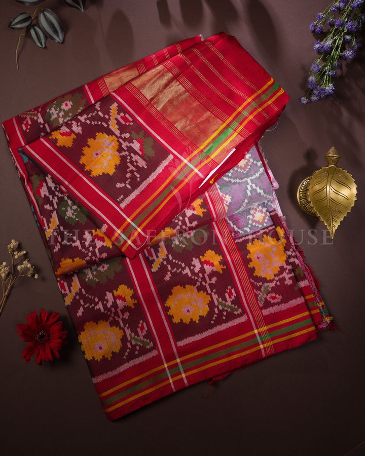 Violet Rajkot Single Ikat Patola Saree with Floral Kunjar Bhat & Nari Borders - TSH6010