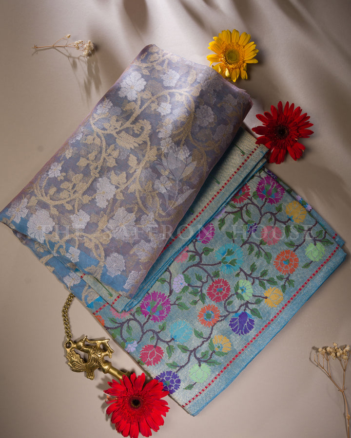 Steel Blue Kora Banarasi Saree with Meenakari Floral Jaal & Paithani-Inspired Border – Handwoven Elegance