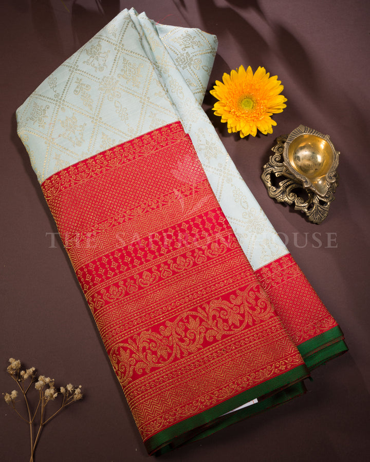 Mint Blue And Maroonish Red Handwoven Kanjivaram Silk Saree - TSH250084