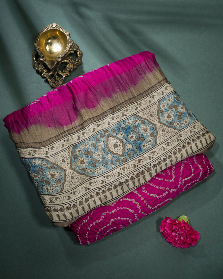 Dark Magenta And Light Beige Bandhini Modal Silk Saree - TSH5031