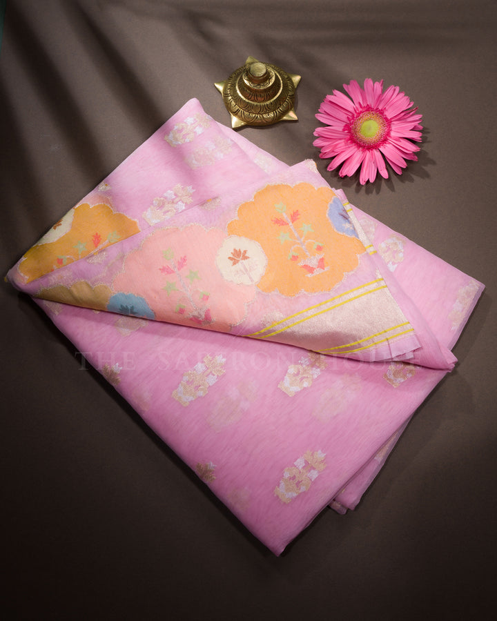 Baby Pink Handwoven Organza Banarasi Saree - TSH110081