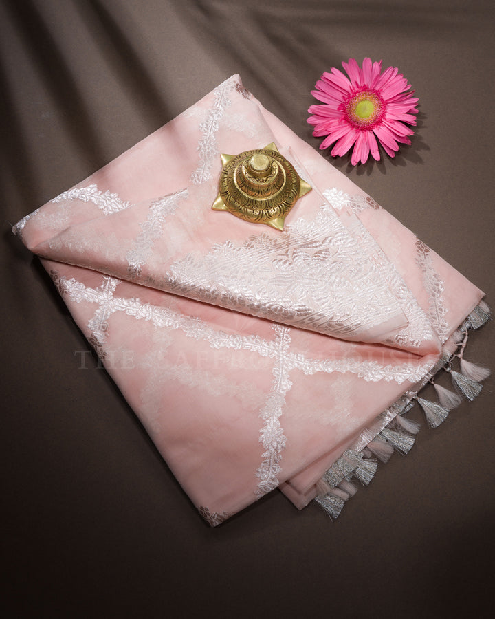 Pastel Powder Pink Handwoven Organza Banarasi Saree - TSH110072