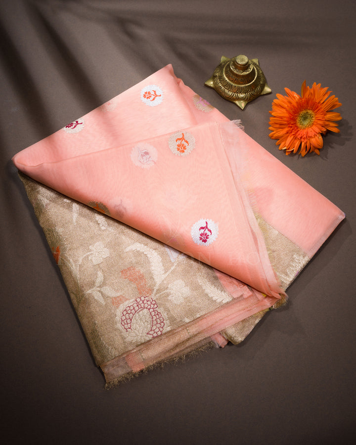 Peach And Gold Handwoven Organza Banarasi Saree - TSH2506168