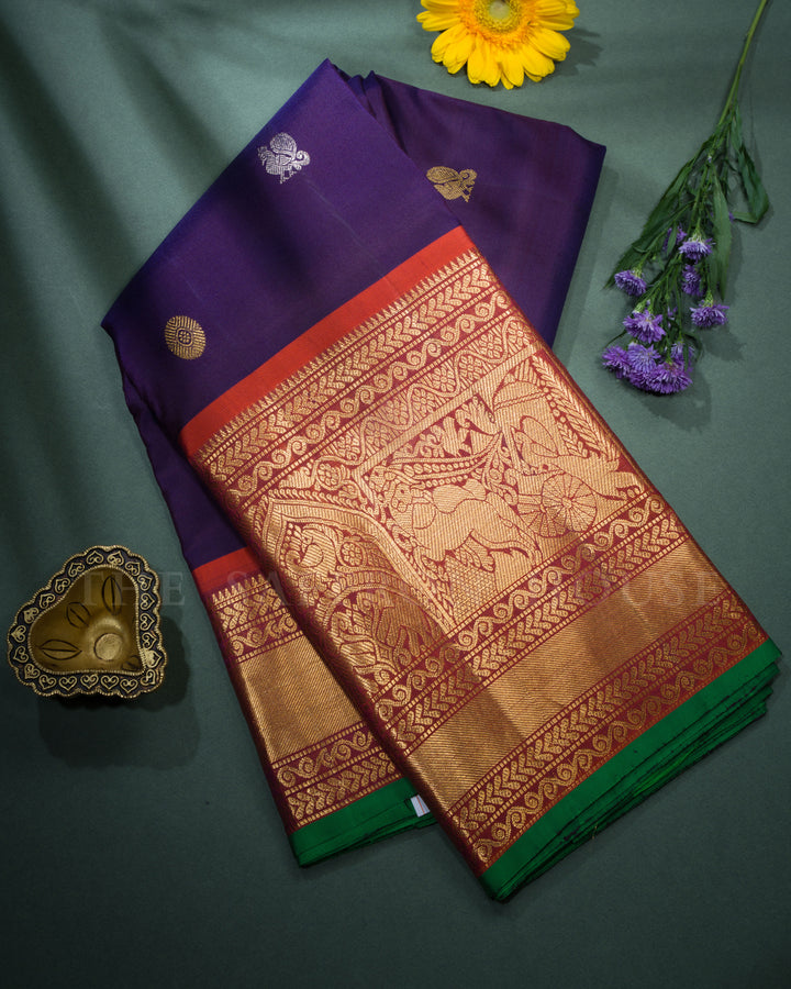 Purplish Blue And Rust Orange Handwoven Kanjivaram Silk Saree - TSH2506001