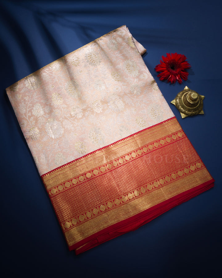 Soft Peach Pink And Red Handwoven Kanjivaram Silk Saree - TSH2506049