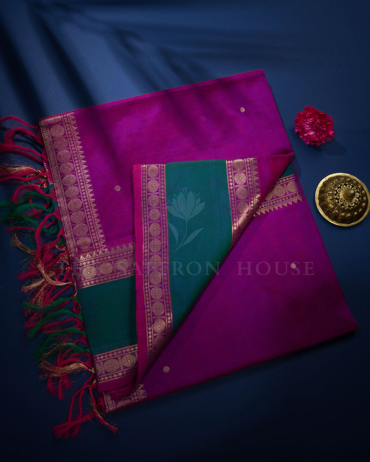 Magenta Purple And Peacock Green Cotton Silk Saree - TSH110021