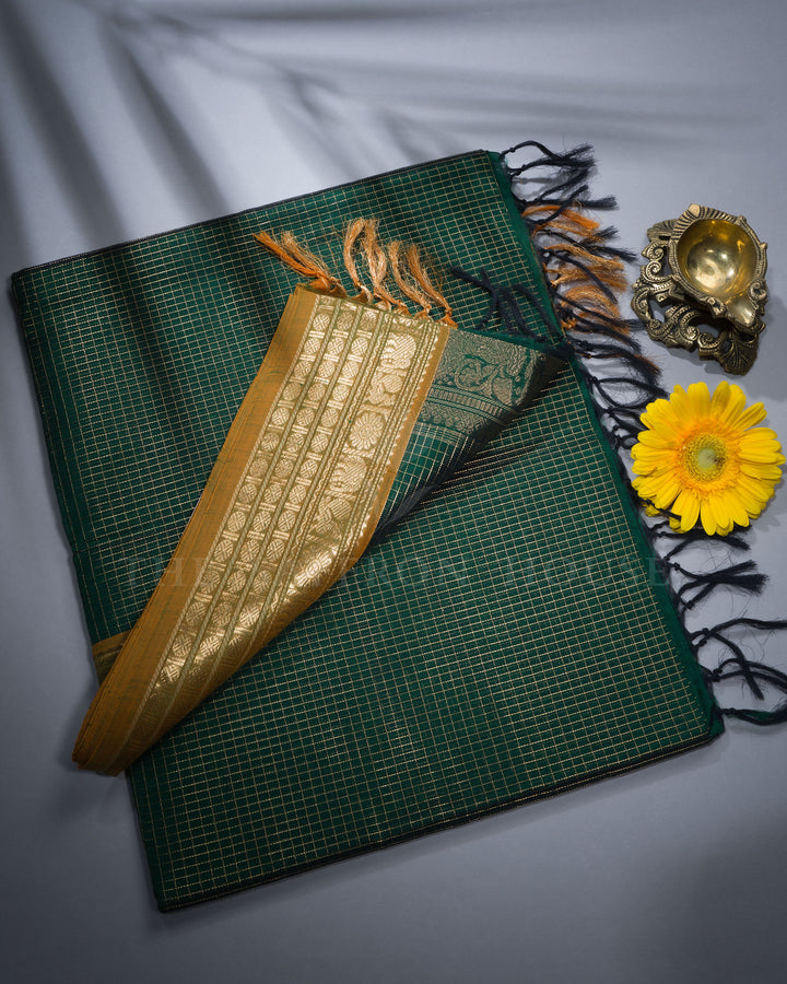 Dark Bottle Green And Mustard Yellow Cotton Silk Saree - TSH110043