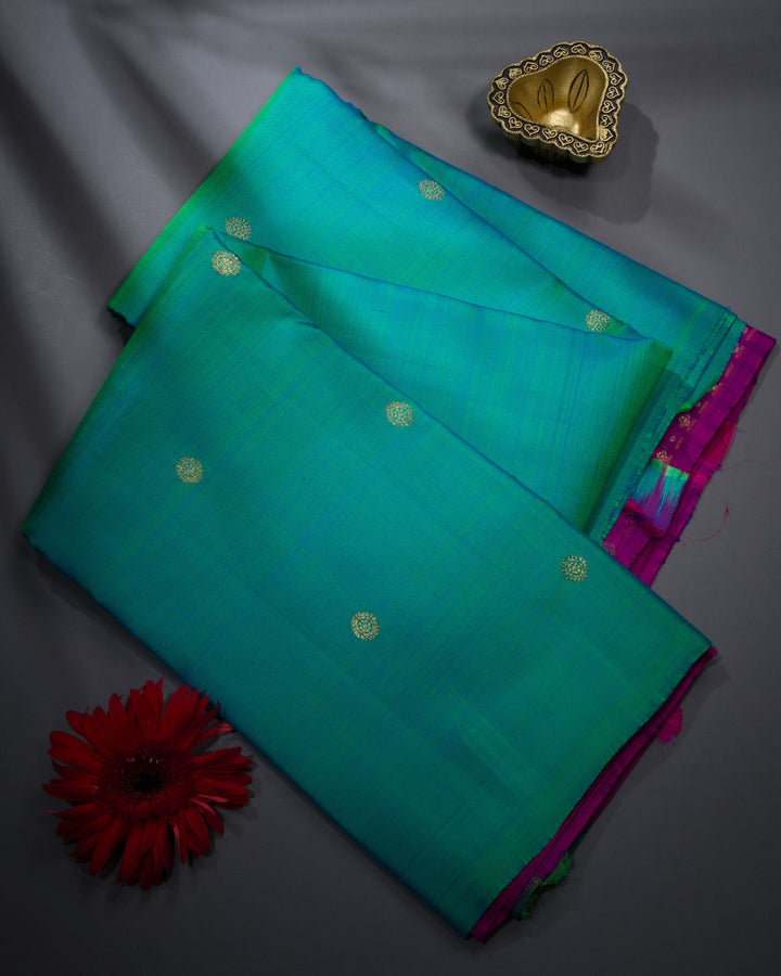 Peacock Blue And Magenta Pink Handwoven Kanjivaram Silk Saree - TSH000008