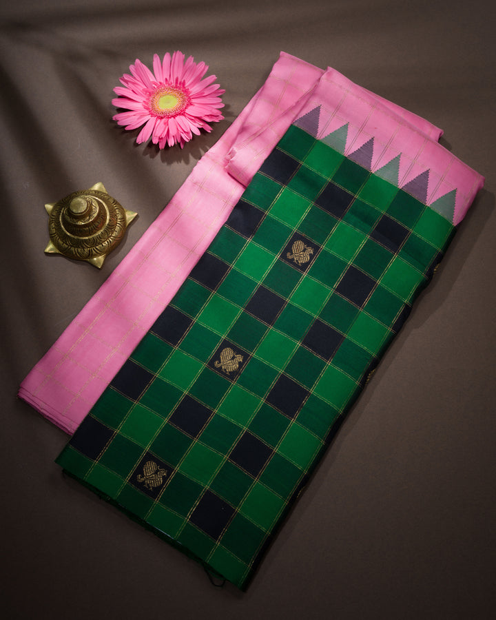 Baby Pink And Bottle Green Handwoven Kanjivaram Silk Saree - TSH000007