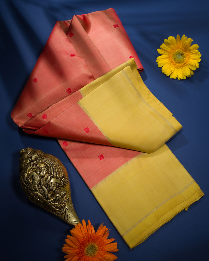 Peach Orange And Light Yellow Handwoven Kanjivaram Silk Saree - TSH250120