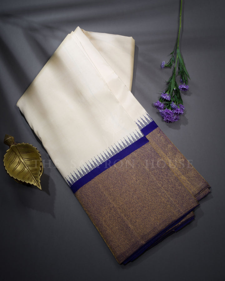 Half White And Navy Blue Handwoven Kanjivaram Silk Saree - TSH250293