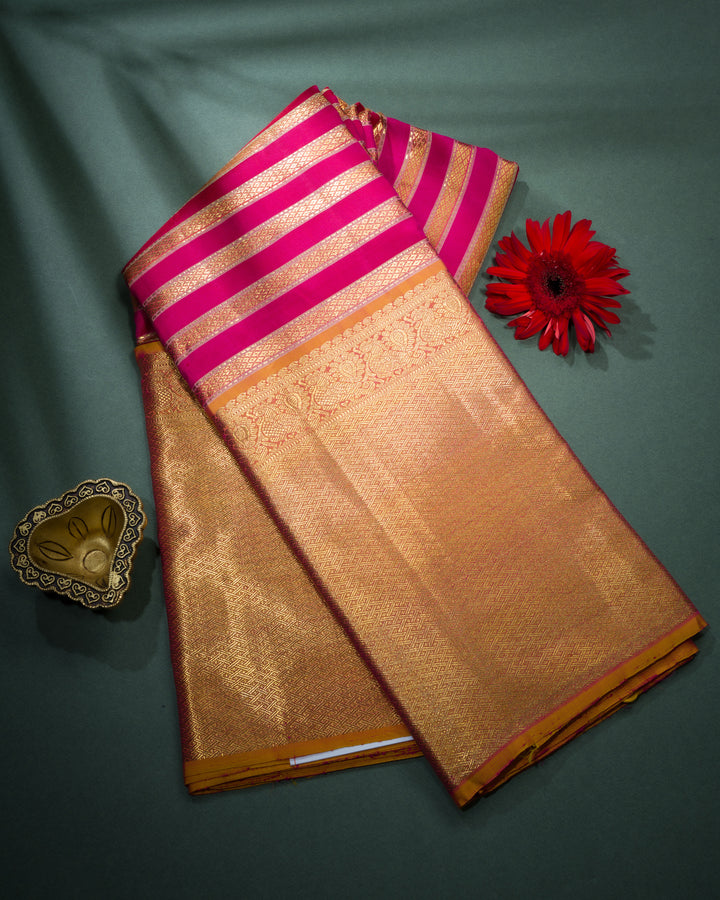 Rani Pink And Golden Yellow Handwoven Kanjivaram Silk Saree - TSH5036