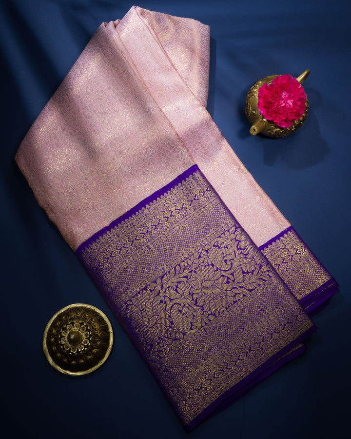 Pastel Pink And Dark Violet Handwoven Kanjivaram Silk Saree - TSH124