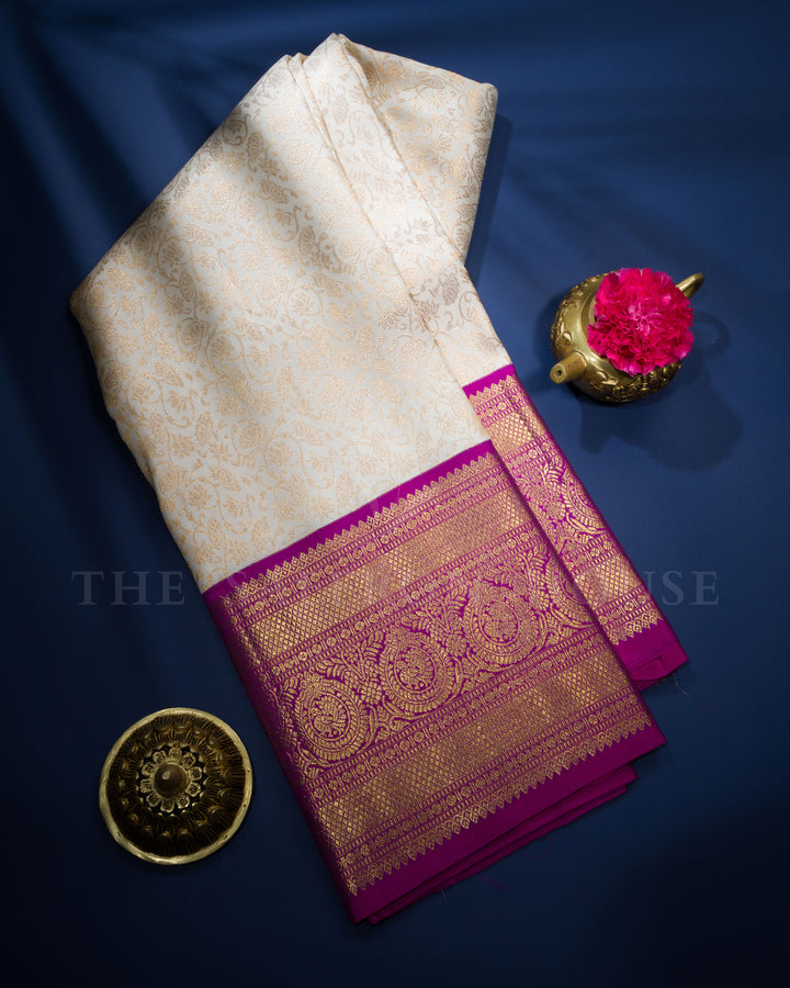 Half White And Magenta Handwoven Kanjivaram Silk Saree - TSH2506044