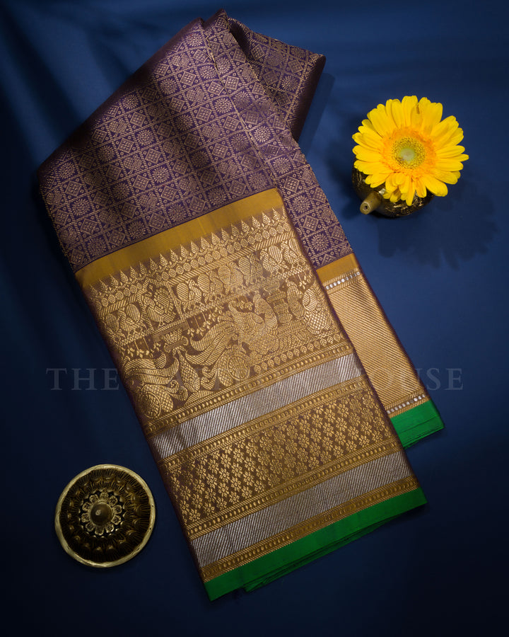 Deep Purple And Golden Yellow Handwoven Kanjivaram Silk Saree - TSH2506060