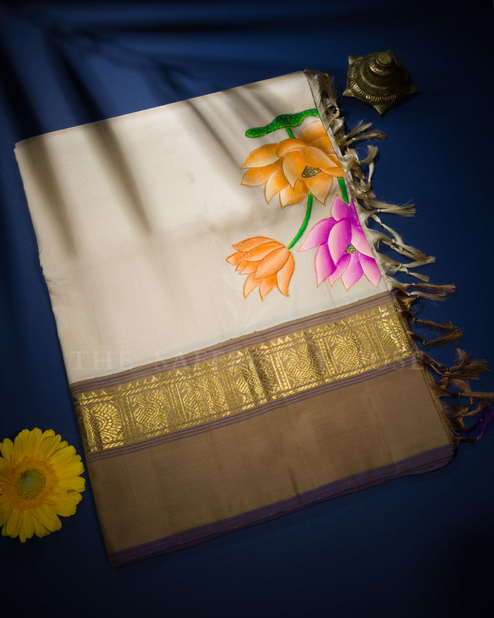 Ivory And Dark Beige Tanjore Hand-Painted Kanjivaram Silk Saree - TSH2506158