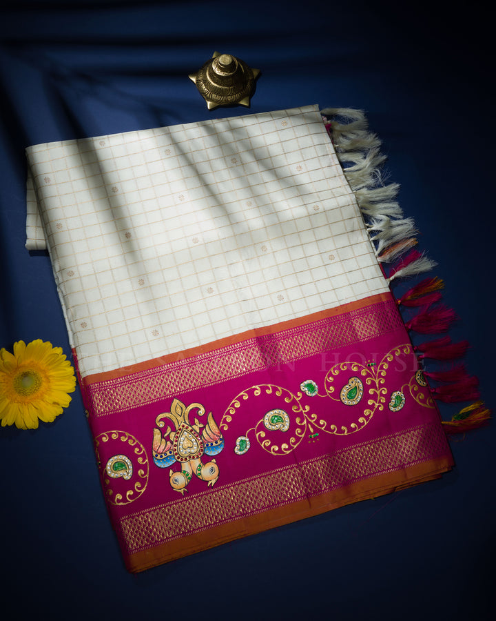 Ivory And Rani Pink Tanjore Hand-Painted Kanjivaram Silk Saree - TSH2506149
