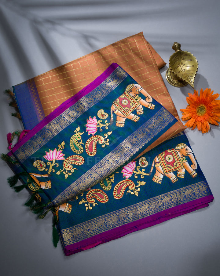 Rust Brown And Peacock Blue Tanjore Hand-Painted Kanjivaram Silk Saree - TSH2506151