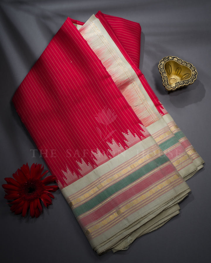 Red And Ivory Gold Gadwal Silk Cotton Saree - TSH8460102