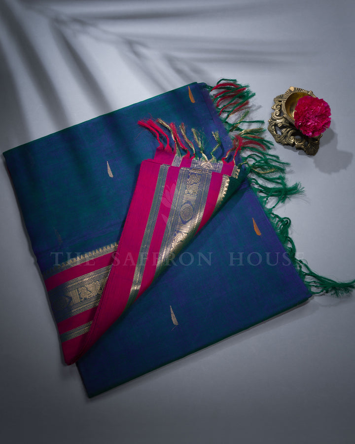 Peacock Blue And Magenta Pink Cotton Silk Saree - TSH110042