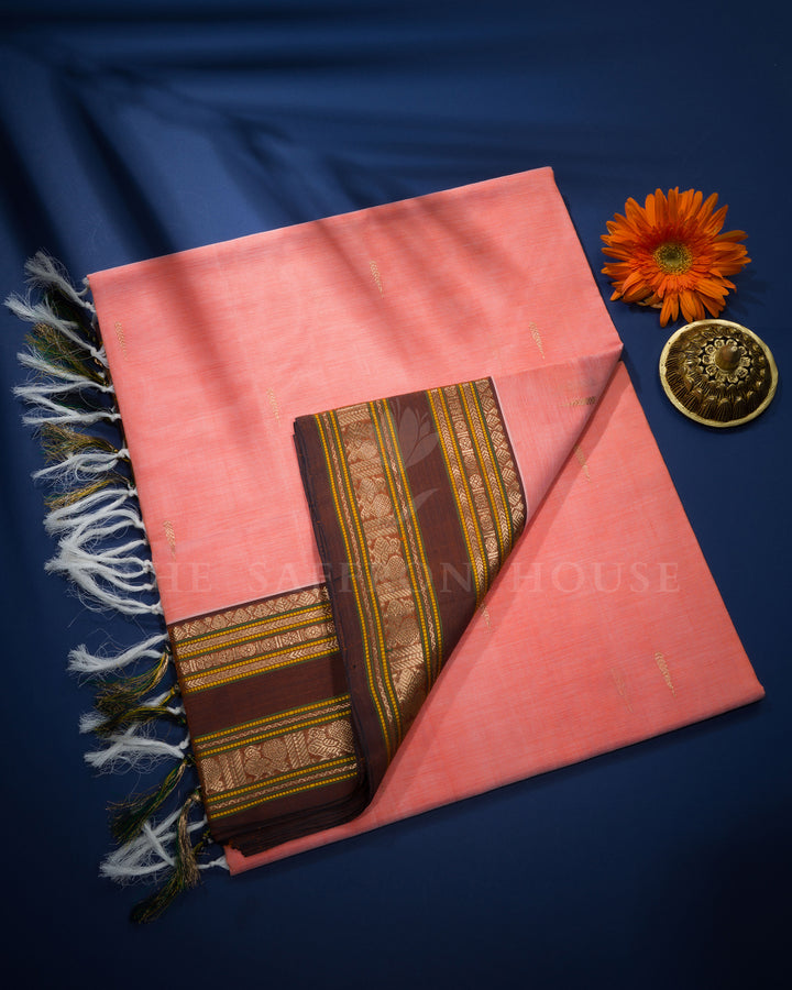 Peach Coral And Chocolate Brown Cotton Silk Saree - TSH110019