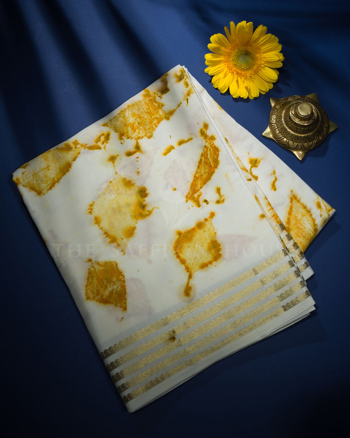 Cream Eco-Printed Mysore Silk Saree - TSH2506096