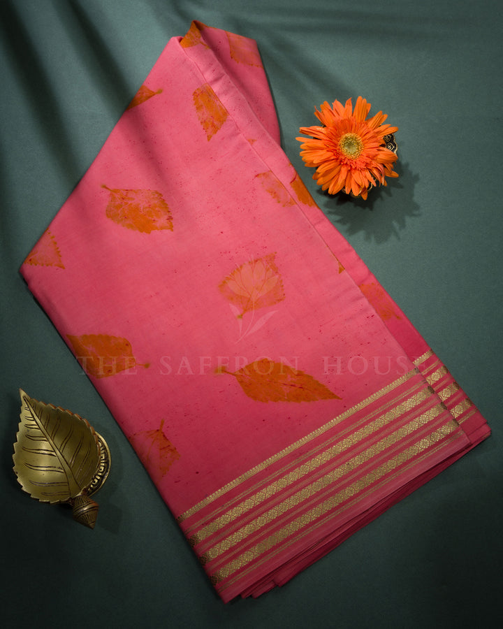 Coral Pink Eco-Printed Mysore Silk Saree - TSH2506095