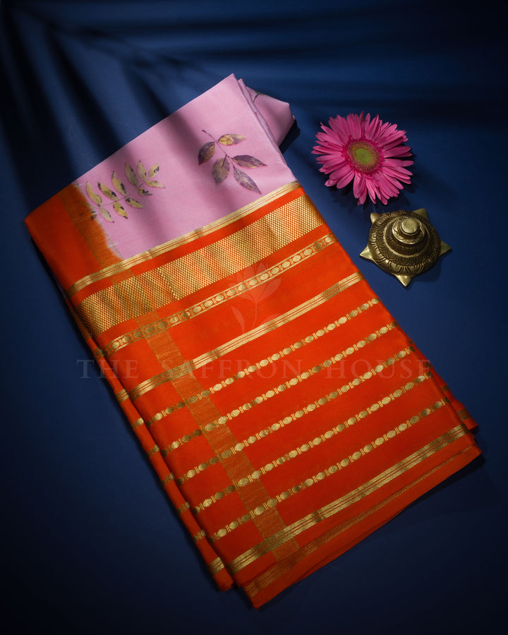 Light Baby Pink And Orange Eco-Printed Mysore Silk Saree - TSH2506089