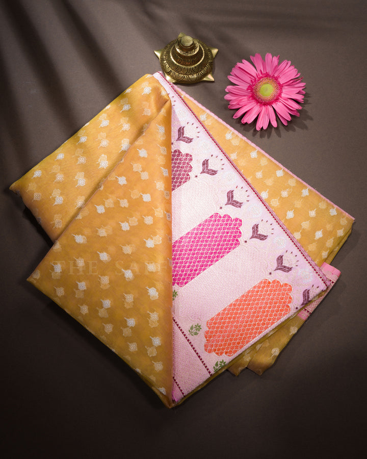Mustard Yellow And Baby Pink Handwoven Organza Banarasi Saree - TSH110082