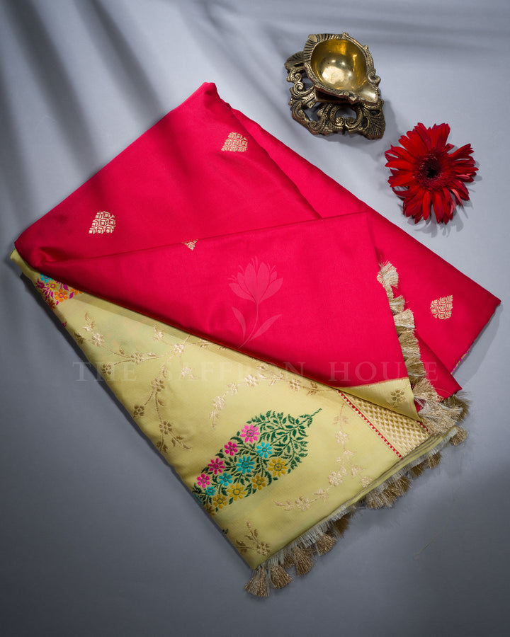 Red And Light Lemon Yellow Handwoven Banarasi Silk Saree - TSH2506166