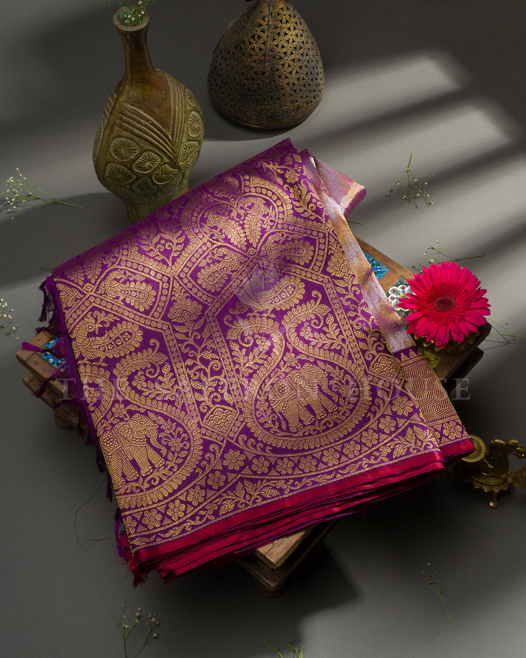 Ikat Mustard Kanchivaram Silk Saree with Purple Elephant Motif Border