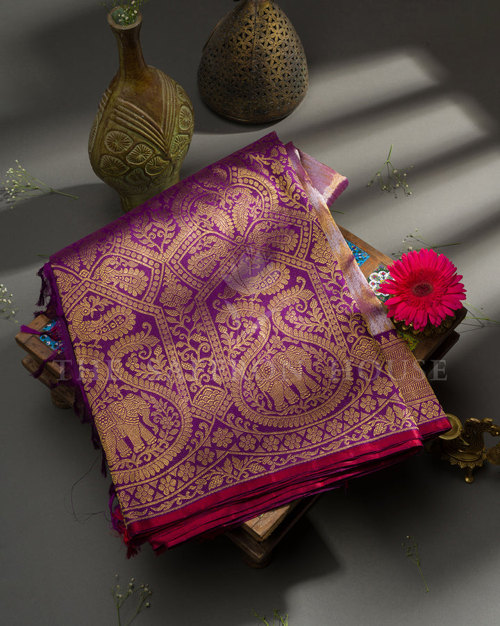 Ikat Mustard Kanchivaram Silk Saree with Purple Elephant Motif Border