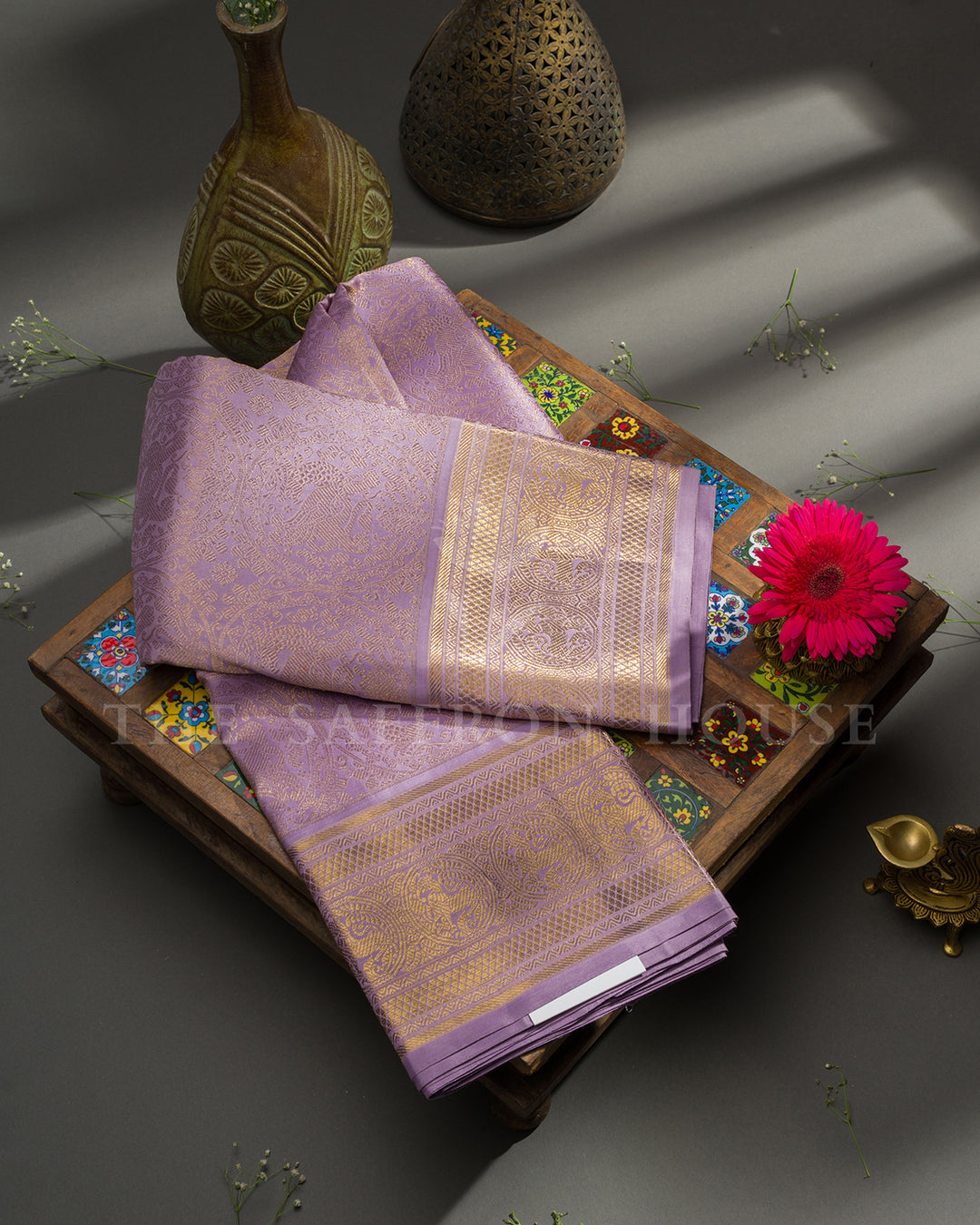 Lavender Kanchivaram Silk Saree with Woven Peacock Motif Border