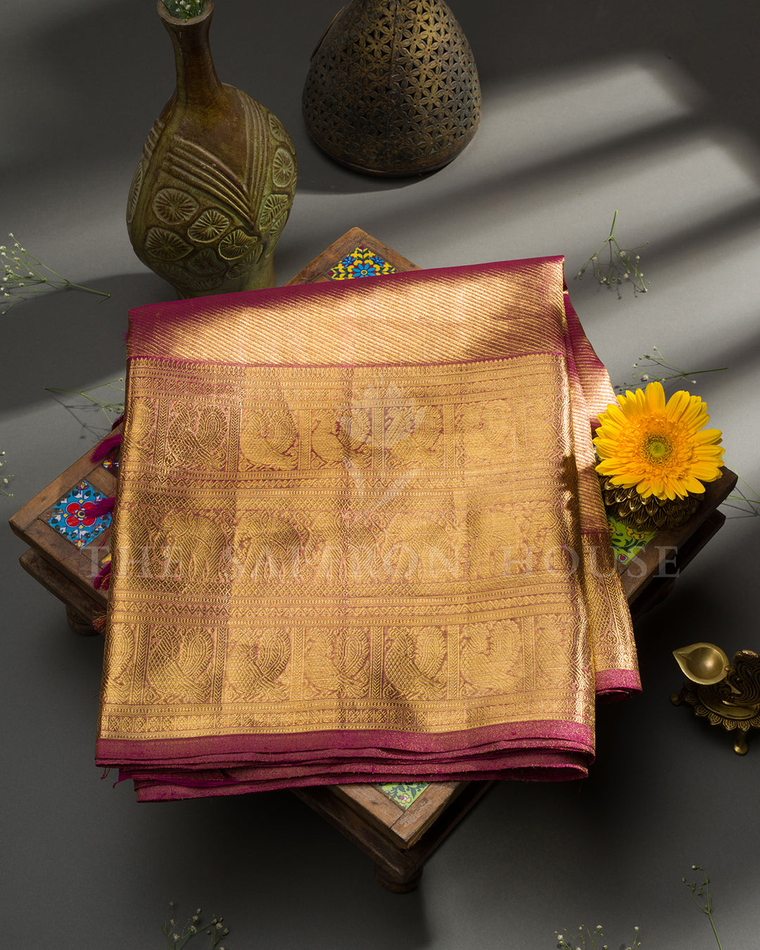 Rustic Gold Kanchivaram Silk Saree with Peacock Motif Border & Diamond Weave Pallu