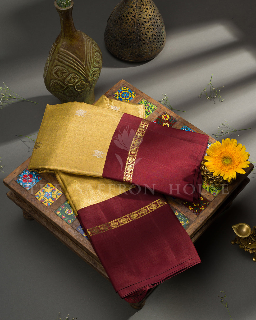 Gold Kanchivaram Silk Saree with Silver Bird Butis & Contrast Maroon Border