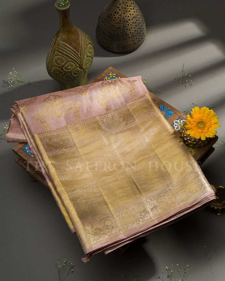 Dusty Pink Kanchivaram Silk Saree with Woven Vine Jaal & Gold Zari Checkered Border