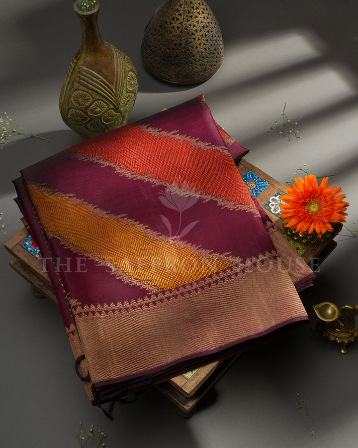 Maroon Kora Kanchi Silk Saree with Diagonal Ikat Chevron Weave